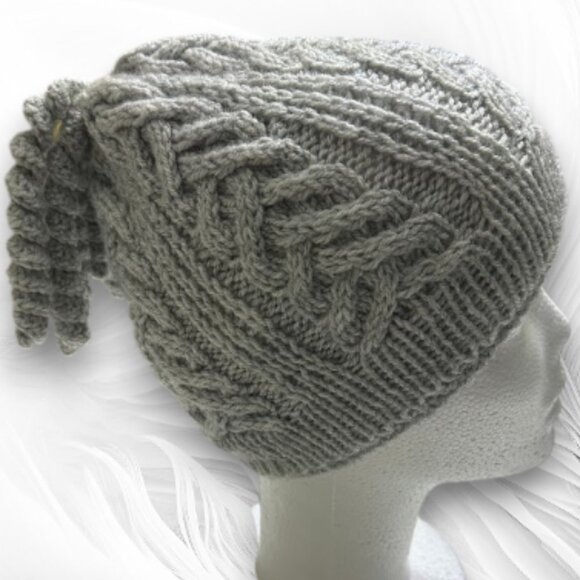 Handmade Gray Chunky Knit Hat with Braided Cable Pattern - Picture 1 of 6